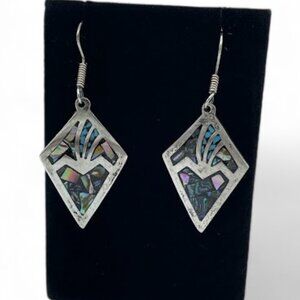 Vintage Taxco Sterling Silver Abalone Inlay Large Dangle Drop Earrings Mexico